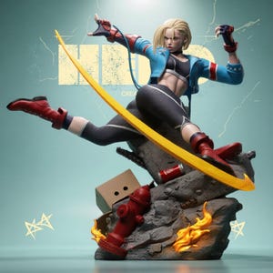 May include: A dynamic figurine of a female character in a fighting pose, wearing a blue jacket, black crop top, and gray leggings. She is balanced on a yellow blade, with red boots and gloves. The base includes a red fire hydrant, a cardboard box, and a soda can.