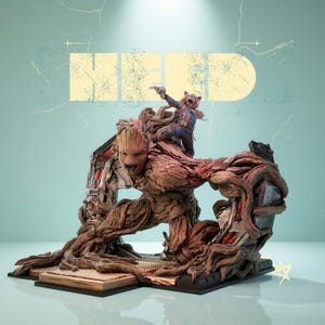 Op de afbeelding: Een gedetailleerde sculptuur van Groot en Rocket uit Guardians of the Galaxy. Groot, met een houten textuur, knielt en ondersteunt Rocket, die een wapen vasthoudt. De sculptuur staat op een voetstuk met het woord "NERD" op de achtergrond.