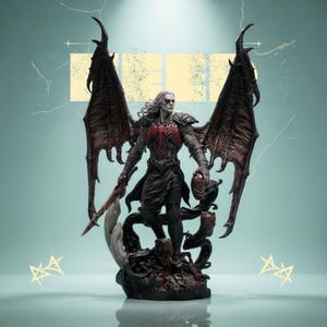 Puede incluir: Estatua detallada de una figura alada con largo cabello blanco, sosteniendo una espada y una máscara. La figura tiene un diseño rojo y negro en el pecho y está sobre una base con tentáculos. Las alas son grandes y rojo oscuro.