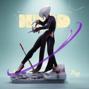 May include: A stylized figurine of a character in a black and red outfit with a white head covering. The figure is posed with long, sharp fingernails and a purple curved blade. The base is a gray stone-like structure, with a light blue background.