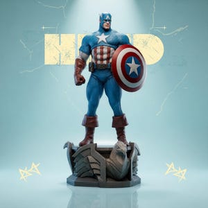 Puede incluir: Figura detallada de Capitán América en una pose clásica, sosteniendo su escudo. La figura lleva un traje azul, rojo y blanco, de pie sobre una base gris. El fondo es azul claro con un gráfico amarillo.