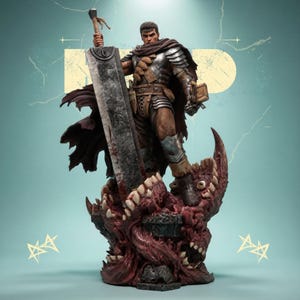 Könnte beinhalten: Detaillierte Statue einer Kriegerfigur, bekleidet mit Rüstung und hält ein großes Schwert. Die Figur steht auf einem grotesken, monströsen Sockel mit scharfen Zähnen und einem einzelnen Auge. Die Statue hat eine dunkle Farbpalette mit Braun-, Silber- und Rottönen.
