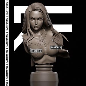 May include: A monochromatic brown resin bust of a figure with long hair, wearing a chest piece with a circular emblem featuring a cross and a female symbol. The text RATH FORGE is repeated vertically on the left side, and CENSORED labels appear.