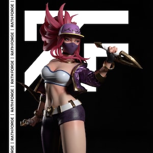May include: A detailed figurine of a character with pink hair, a purple cap, and a face mask. The character is wearing a white and purple top, purple shorts, and holding a weapon. The background is black with white text that reads "RATH FORGE".