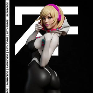 Może przedstawiać: Rendowana w 3D figura żeńskiej postaci z blond włosami, ubranej w biało-czarny kombinezon i różowe słuchawki. Postać jest osadzona na czarnym tle z białymi geometrycznymi kształtami i tekstem "RATH FORGE".