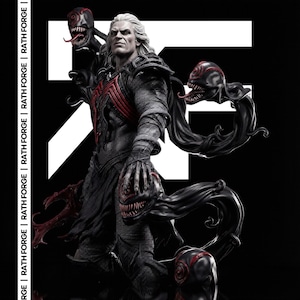 May include: A detailed statue of a character with white hair and a stern expression, adorned with black and red symbiote-like tendrils and creatures. The figure is dressed in dark clothing with red accents. The background is black with white text that reads "RATH FORGE".