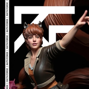 May include: A detailed statue of a character with auburn hair, wearing a brown leather jacket over an orange top. The character has a determined expression and is pointing upwards. The background is black with white text that reads "RATH FORGE".