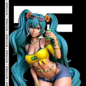 May include: A figurine of a woman with long, turquoise hair, wearing a yellow and blue bikini top with a Brazilian flag design, denim shorts, and sunglasses. She holds a green can and is adorned with jewelry. The text "RATH FORGE" is visible.