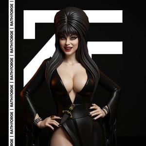 Könnte beinhalten: Statue einer Frau in einem schwarzen Kleid mit tiefem Ausschnitt und Beinschlitz. Sie hat lange schwarze Haare und trägt Armbänder und Ringe. Der Hintergrund ist schwarz mit weißem Text "RATH FORGE".
