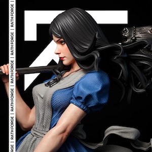 Puede incluir: Estatua detallada de una mujer con largo cabello negro, vestida con un vestido azul con un delantal gris. Sostiene un arma sobre su hombro. El fondo es negro con el texto "RATH FORGE" repetido verticalmente.