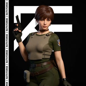 May include: A detailed figure of a woman in tactical gear, holding a handgun. She wears a green short-sleeved shirt, a tan vest, and olive-green pants. The figure has short brown hair and a serious expression. The background is black with white text that reads "RATH FORGE".