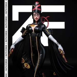 May include: A detailed figurine of a woman in a black catsuit with gold accents, holding two pistols. She wears glasses, a red and black headpiece, and white gloves. The background is black with white text and a large white letter.