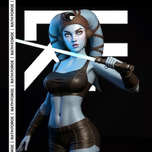 Könnte beinhalten: Eine blauhäutige Charakterfigur mit einem braunen, lederartigen Oberteil, Shorts und Armbändern, die ein leuchtendes blaues Lichtschwert hält. Die Figur hat blaue Kopftentakel und ein braunes Kopfstück. Der Hintergrund ist schwarz mit weißem Text "RATH FORGE".