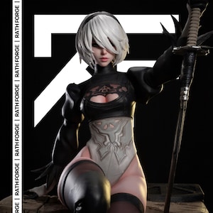 May include: A detailed statue of a female character with short white hair, wearing a black outfit with a bodysuit and a sword. The figure is posed against a dark background with the text "RATH FORGE" in white.