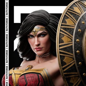 Puede incluir: Imagen detallada de Wonder Woman, con su icónica tiara dorada, gargantilla y armadura. Sostiene un escudo con detalles dorados y negros. El texto "RATH FORGE" aparece en el lado izquierdo.
