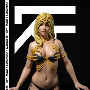 May include: A detailed sculpture of a woman with long blonde hair, wearing a gold and navy blue bikini. The figure has a gold crown and jewelry. The background is black with the white letters "F" and the text "RATH FORGE".