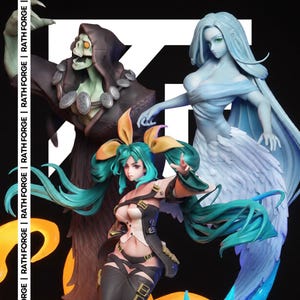 May include: Three detailed fantasy figurines. One is a skeletal figure in a hooded cloak, another is a mermaid-like figure with flowing hair, and the third is a female character with long teal hair and a unique outfit. The background is black with the text "RATH FORGE".