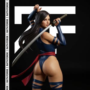 Puede incluir: Una figura de una mujer con un body azul, sosteniendo una katana. Tiene el pelo largo y negro y una faja roja. El fondo es negro con el texto "RATH FORGE" en blanco.