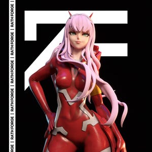 May include: A detailed figurine of a character with pink hair and green eyes, wearing a red and white bodysuit. The figure has small horns and is posed against a black background with the text "RATH FORGE" repeated vertically.