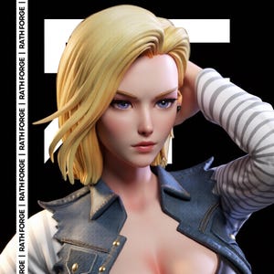 May include: A detailed bust of a female character with blonde hair and blue eyes. She wears a denim jacket over a striped long-sleeve shirt. The image has the text "RATH FORGE" repeated vertically on the left side.