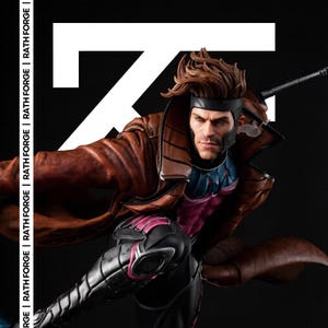 May include: A detailed statue of the Marvel Comics character Gambit, in a dynamic pose. He wears a brown coat, black and pink armor, and a black headpiece. The background is black with white text that reads "RATH FORGE".