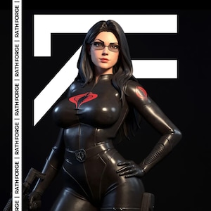May include: A digital illustration of a woman in a black bodysuit with a red cobra emblem. She wears glasses and has long dark hair. The background is black with white text that reads "RATH FORGE".