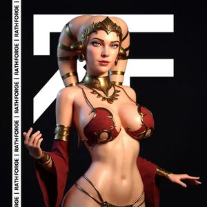 May include: A digital art rendering of a female figure in a red and gold costume. The figure has a detailed face, adorned with gold jewelry and a headdress. The background is black with white text that reads "RATH FORGE".