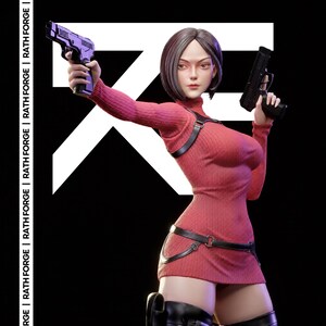 May include: A detailed figurine of a woman in a red dress, holding two pistols. The figure has short dark hair and is wearing black boots and a harness. The background is black with a large white geometric shape and the text "RATH FORGE".
