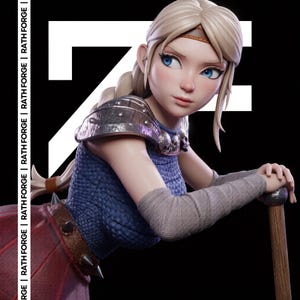May include: A detailed digital art piece of a female warrior with blonde hair and blue eyes. She wears armor, a blue top, and a red skirt. The image has the text "RATH FORGE" repeated vertically on the left side.