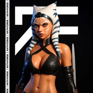 Puede incluir: Ilustración digital de un personaje femenino con colas de cabeza blancas y azules y marcas faciales. Viste un top negro y mangas en los brazos. El fondo es negro con líneas blancas y el texto "RATH FORGE".