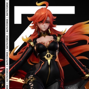 May include: A detailed figurine of a female character with fiery orange hair and eyes. She wears a black and red outfit with gold accents. The figure has a dynamic pose, and the background is black with white text that reads "RATH FORGE".