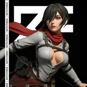 May include: A detailed figurine of a female character with short black hair, blue eyes, and a red scarf. She wears a white shirt, brown harness, and a maroon skirt. The figure is set against a black background with the text "RATH FORGE".
