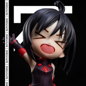May include: A chibi-style figurine of a character with black hair and a red and black outfit. The figure is in a dynamic pose with an open mouth and raised arm. The background is black with the text "RATH FORGE".