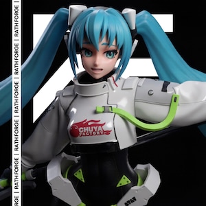 May include: A detailed figurine of a character with turquoise hair in a white and black outfit. The figurine has a dynamic pose and features the text "CHUYA FACTORY" on the chest. The background is black with white vertical text that reads "RATH FORGE".