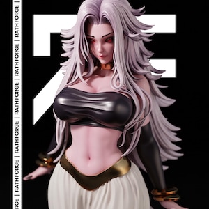 May include: A detailed figure of a female character with long, flowing lavender hair and red eyes. She wears a black strapless top, a white skirt with a gold trim, and gold wrist cuffs. The background is black with white geometric shapes and the text "RATH FORGE".