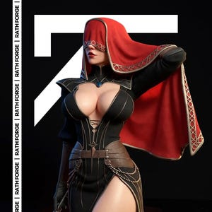 Puede incluir: Una representación de arte digital de una figura femenina con un atuendo de fantasía negro y rojo. La figura lleva una capa con capucha, un vestido escotado y un cinturón. La imagen tiene el texto "RATH FORGE" en el lado izquierdo.
