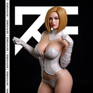 Puede incluir: Estatua detallada de una mujer con corsé blanco, guantes y ropa interior. Tiene el pelo rubio y lápiz labial rojo. El fondo es negro con un gráfico blanco y el texto "RATH FORGE".