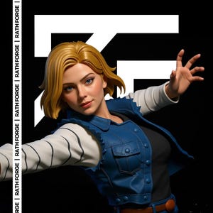 May include: A detailed figure of a woman with short blonde hair, blue eyes, and a confident expression. She wears a blue vest over a black top and white-sleeved jacket. The background is black with a large white graphic and the text "RATH FORGE".