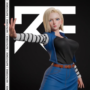 May include: A detailed figurine of a female character with blonde hair and blue eyes, wearing a black top, blue vest, and skirt. The character has a brown belt and striped sleeves. The background is black with white text that reads "RATH FORGE".