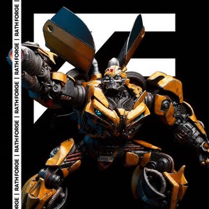 May include: A detailed, yellow and black robot figure with blue accents and a weapon. The robot has a complex design with visible mechanical parts. The background is black with white text that reads "RATH FORGE".