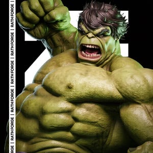 Puede incluir: Una figura detallada de Hulk con piel verde y una expresión feroz, con la boca abierta en un rugido. La figura tiene musculatura detallada y cabello castaño. El fondo es negro con texto blanco que dice "RATH FORGE".