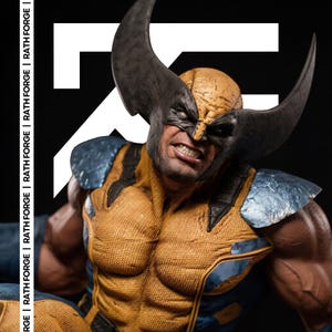 May include: A detailed statue of Wolverine in his classic yellow and blue costume, with a fierce expression. The figure has a textured appearance, with the text "RATH FORGE" visible on the left side. The statue's design includes large, black, curved headgear.