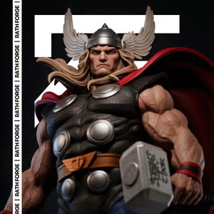 May include: A detailed statue of Thor, the Marvel Comics superhero, with a stern expression. He wears a helmet with wings, a black and silver armored suit, and a red cape. Thor holds his iconic hammer, Mjolnir.