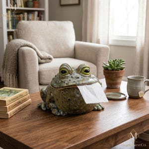 Può includere: Un portatovaglioli a forma di rana in ceramica, nei toni del verde e del marrone, con grandi occhi espressivi. È appoggiato su un tavolo di legno, con libri e una tazza. La bocca della rana eroga fazzoletti bianchi.