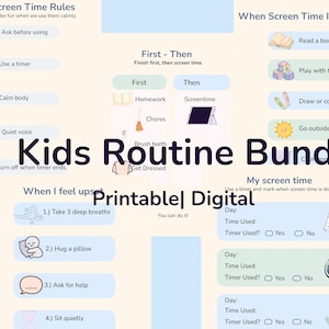 Könnte beinhalten: Ein druckbares digitales Kids Routine Bundle mit Regeln für die Bildschirmzeit, Aktivitäten für zuerst-dann und Optionen für das Ende der Bildschirmzeit. Enthält Abschnitte zur Bewältigung von Gefühlen und zur Verfolgung der Bildschirmzeit.