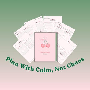 May include: A pink planner with a cherry illustration and the text "The Focus Hour Planner" is surrounded by loose-leaf pages. The phrase "Plan With Calm, Not Chaos" is written in green script at the bottom of the image.