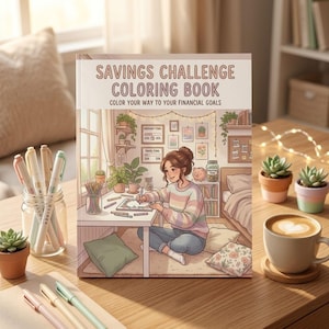 Może przedstawiać: Na drewnianym stole widnieje "Savings Challenge Coloring Book" z napisem "Color Your Way to Your Financial Goals". Książka zawiera ilustrację osoby kolorującej, otoczonej długopisami, roślinami i filiżanką kawy. Widoczny jest również szklany słoik z długopisami i małe sukulenty.