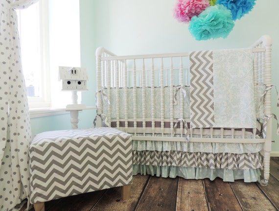 Baby Blue And Grey Crib Bedding Set With Grey Chevron And Blue Etsy
