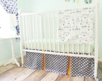 CLEARANCE! Bumperless Aztec Crib Bedding in Navy Blue, Gold, and Mint