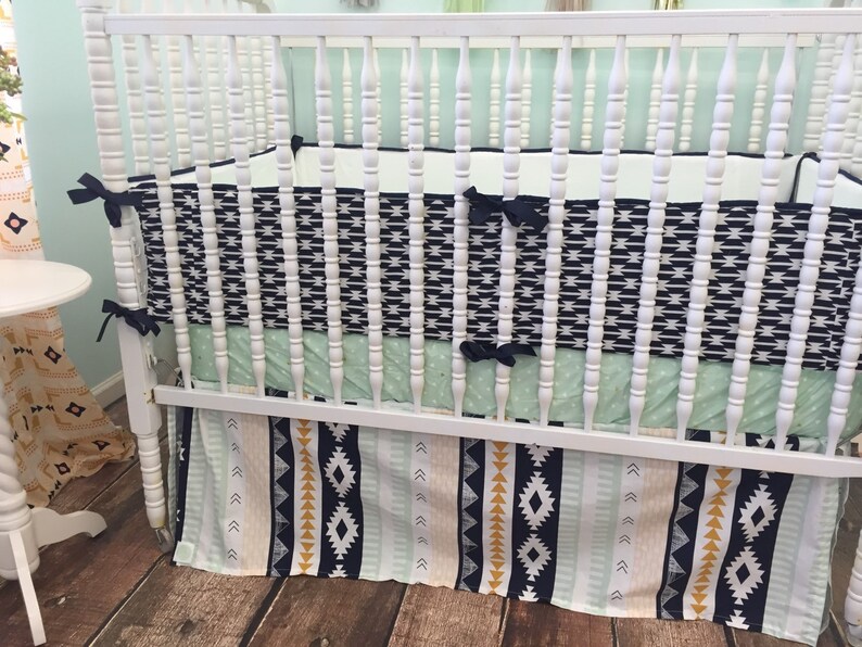 Aztec Themed Crib Bedding in Mint Peach Gold and Navy Blue Etsy